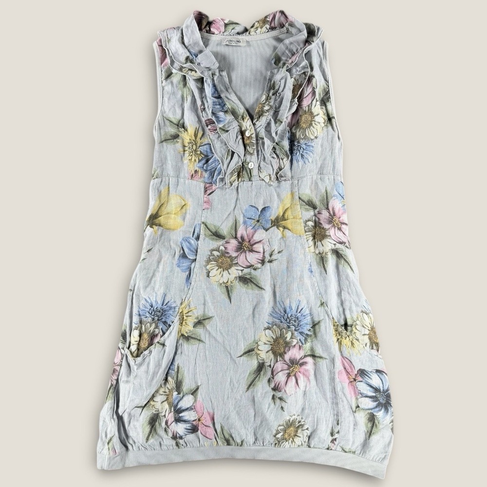 PURO LINO Italy Blue Floral Linen Dress S Sleeveless Ruffle V-Neck Boho Tunic